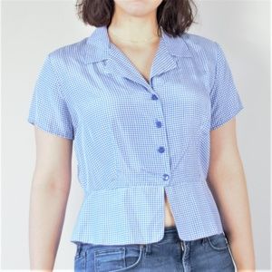 100% Silk Blue Gingham Peplum Top